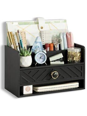 Wood Desk Organizer With Drawer Office Storage Pen Holder Mail File Organizer
